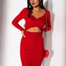 Front View Cut Out For It Long Sleeve Side Cut Out Bodycon Midi Dress in Red