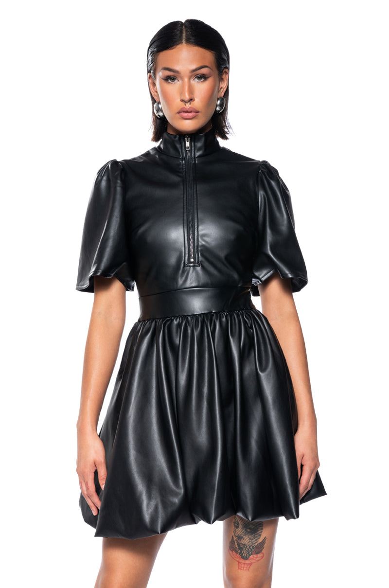 Front View Cute And Classy Pu Bubble Mini Dress