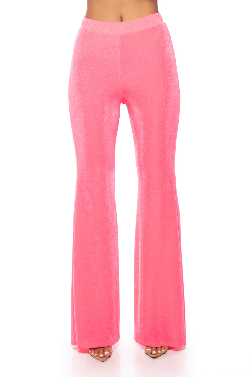 Back View Cynthia Slinky Flared High Waist Pant In Pink