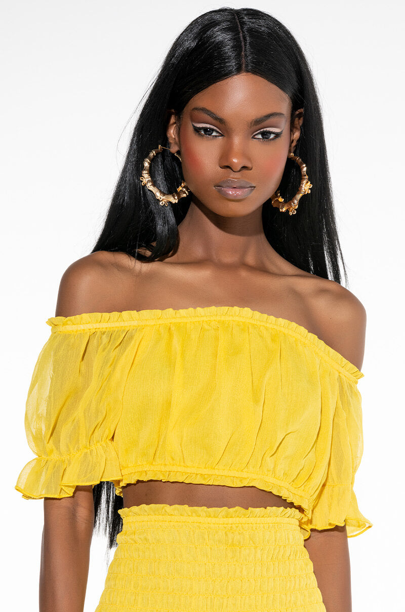Front View Daffodil Dream Off The Shoulder Crop Top