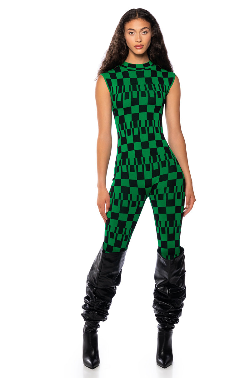 Front View Dahlia Checkered Knit Jumpsuit