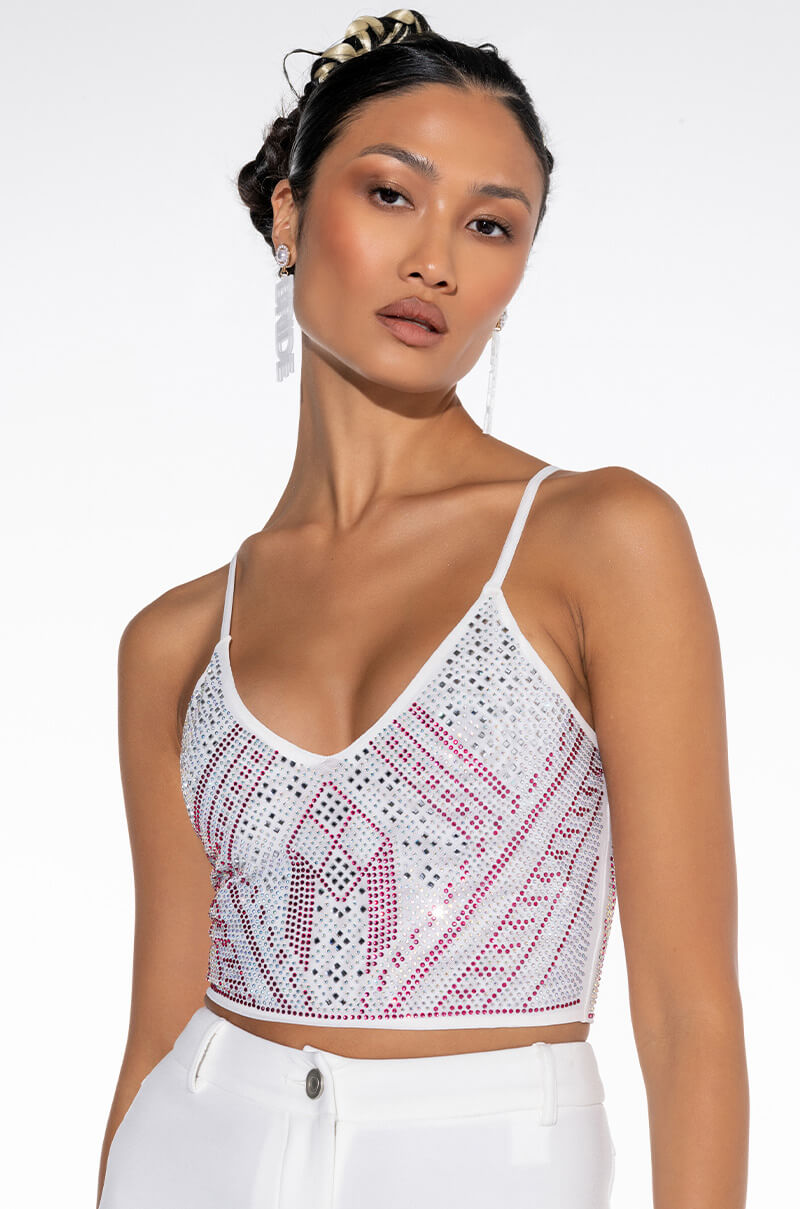 Front View Daisy Fay Embellished Mesh Crop Top