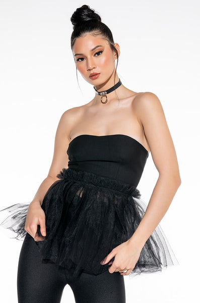 DANCE TO THIS STRAPLESS TULLE PEPLUM BLOUSE – AKIRA