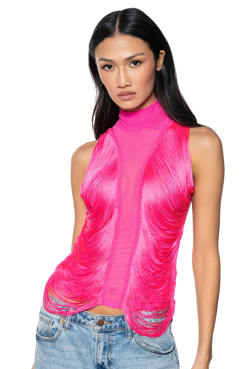 Front View Daniela Fringe Detail Sleeveless Mesh Top In Pink