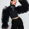 Front View Daring Tulle Ruffle Long Sleeve Top in Black