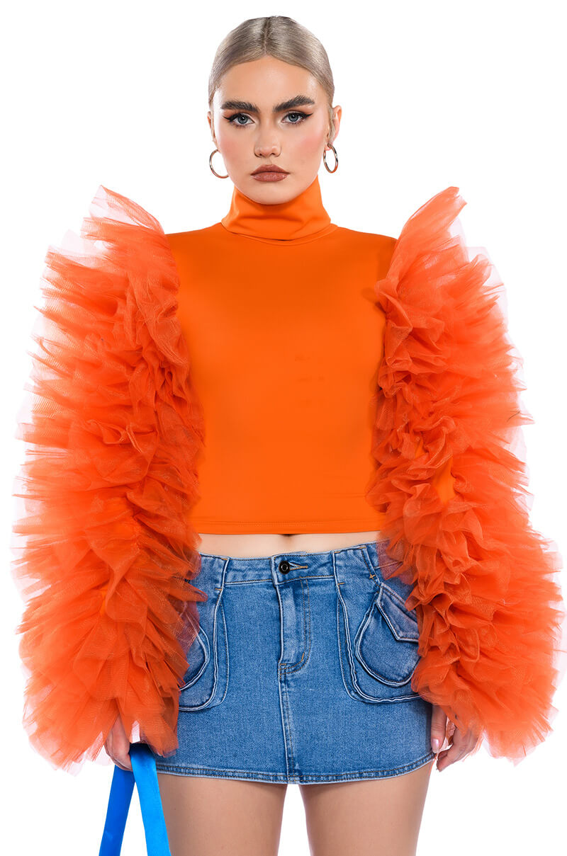 DARING TULLE RUFFLE LONG SLEEVE TOP view 0