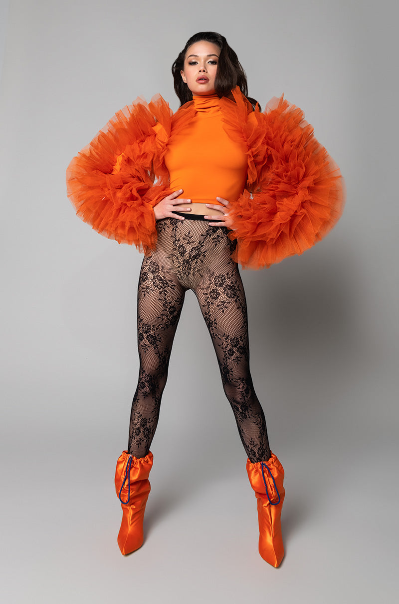  Daring Tulle Ruffle Long Sleeve Top in Orange