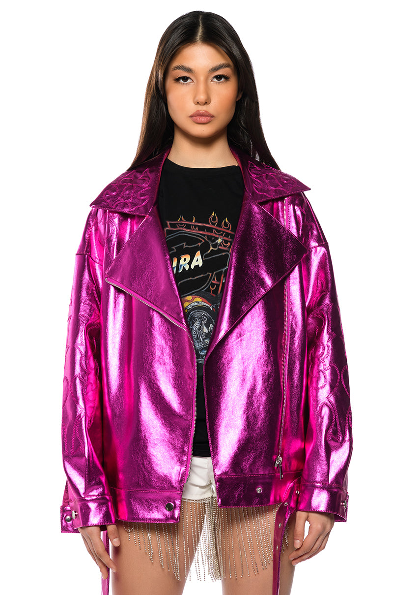 Front View Dark Side Metallic Embroidered Moto Jacket