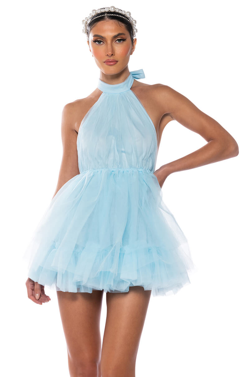 Front View Darling Diva Tulle Halter Neck Mini Dress In Light Blue