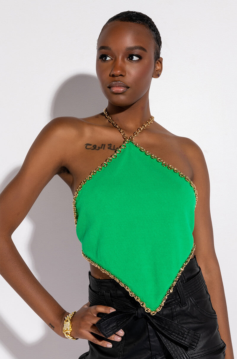 Front View Dash Chain Detail Ribbed Halter Top