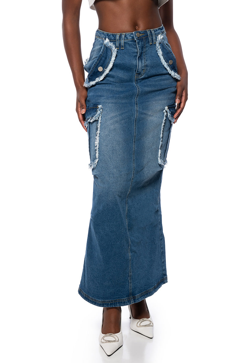 Front View Date Days Frayed Edge Maxi Skirt