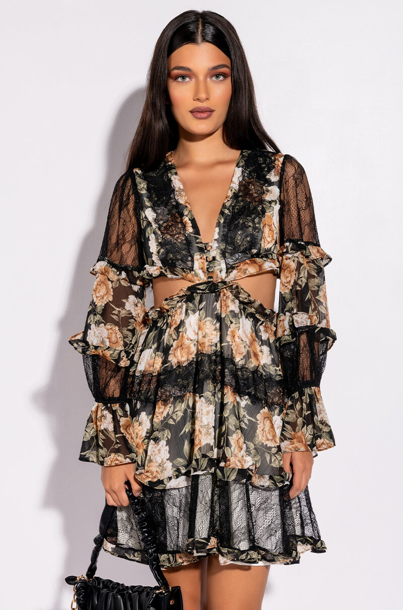 Front View Date Night Mini Floral Dress With Cut Outs