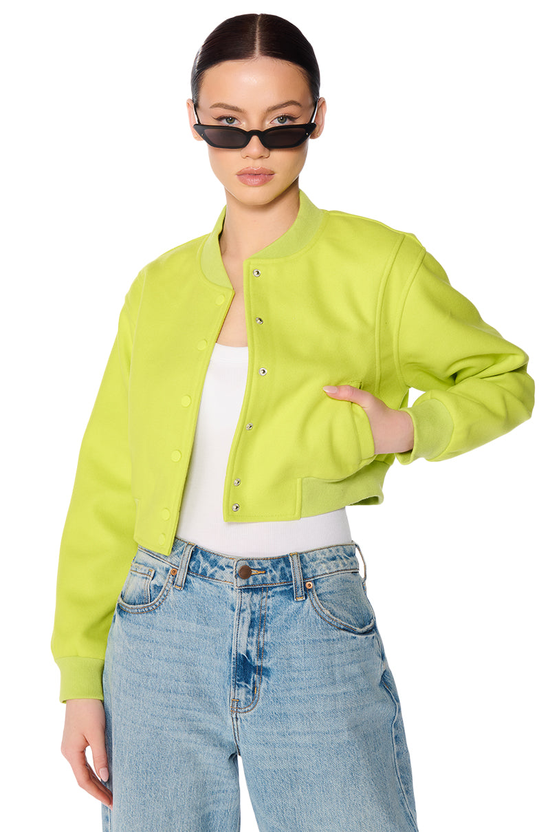 Side View Davis Everyday Varsity Bomber In Neon Green