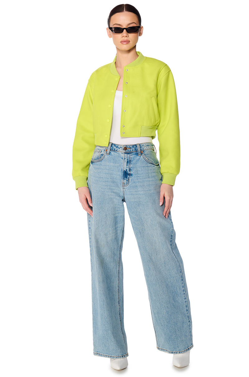Back View Davis Everyday Varsity Bomber In Neon Green