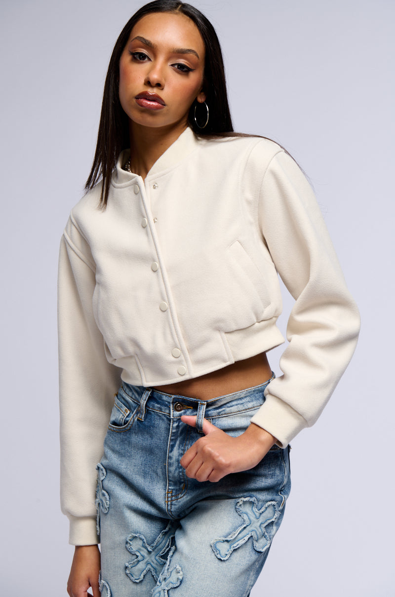 Front View Davis Everyday Varsity Bomber In Tan