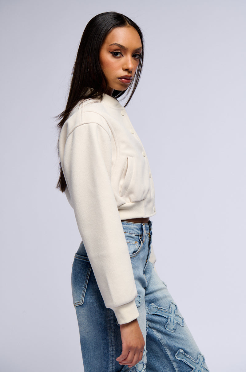 Detail View Davis Everyday Varsity Bomber In Tan