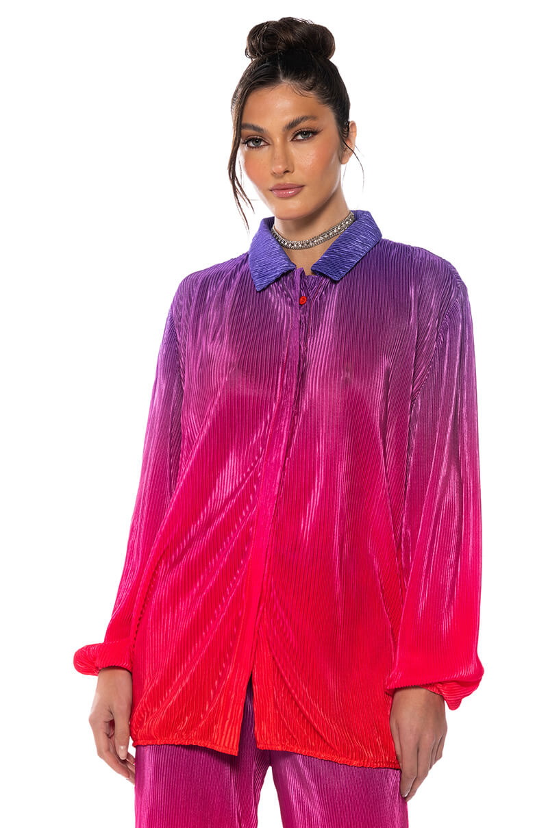 Front View Day To Night Pleated Satin Button Down In Red Multi