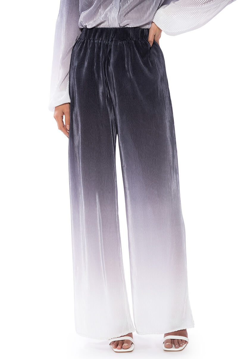 Front View Day To Night Pleated Satin Wide Leg Pants In Black White