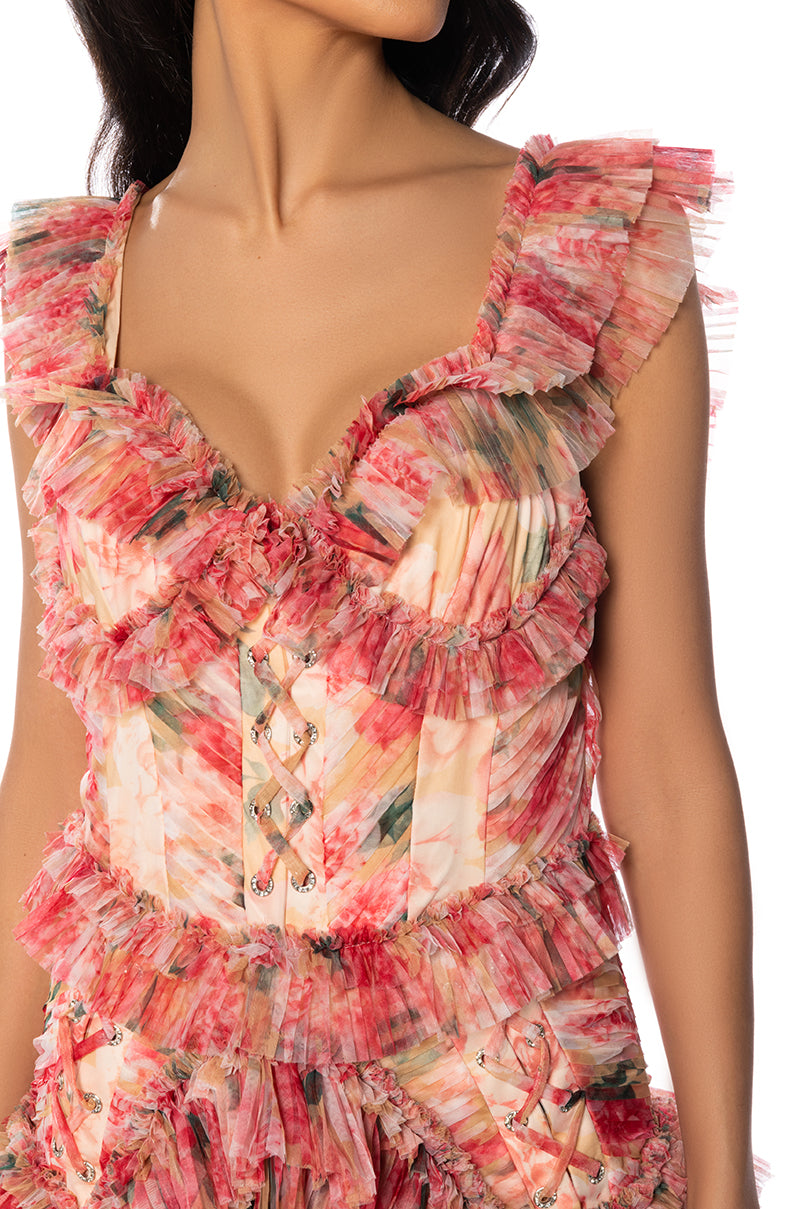 Extra View Daydreamer Floral Pleated Ruffle Mini Dress