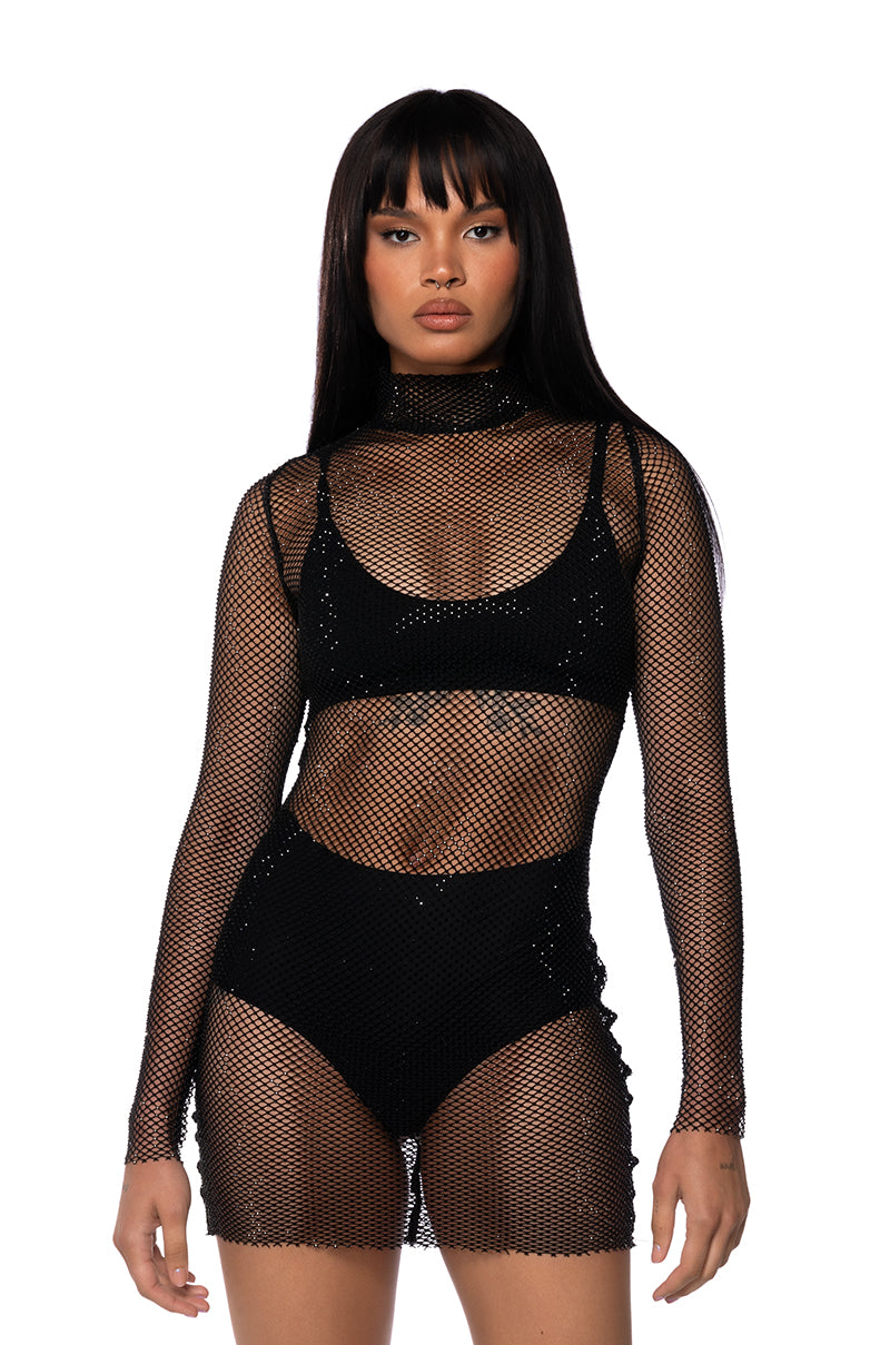 Front View Dazzle You Rhinestone Mini Dress