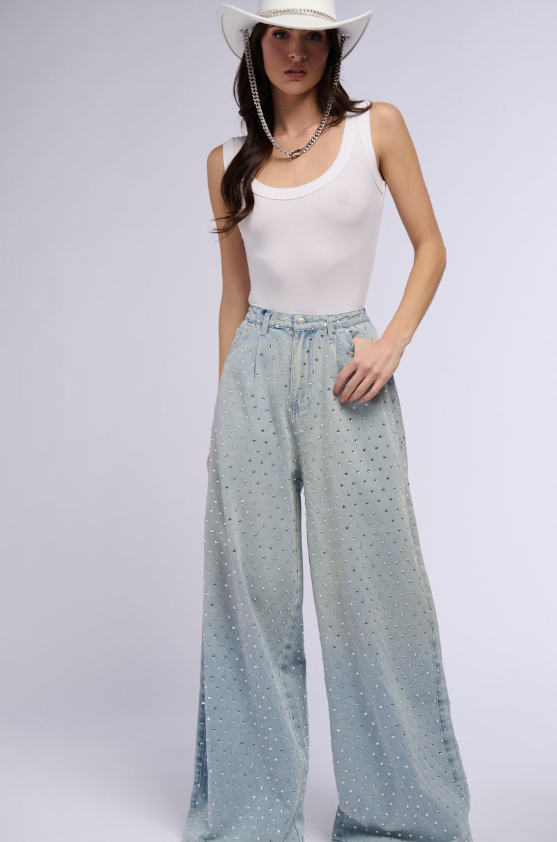 Cascading Rhinestone Pants DAZZLED RHINESTONE STUDDED EXTRA LONG DENIM PANTS – AKIRA