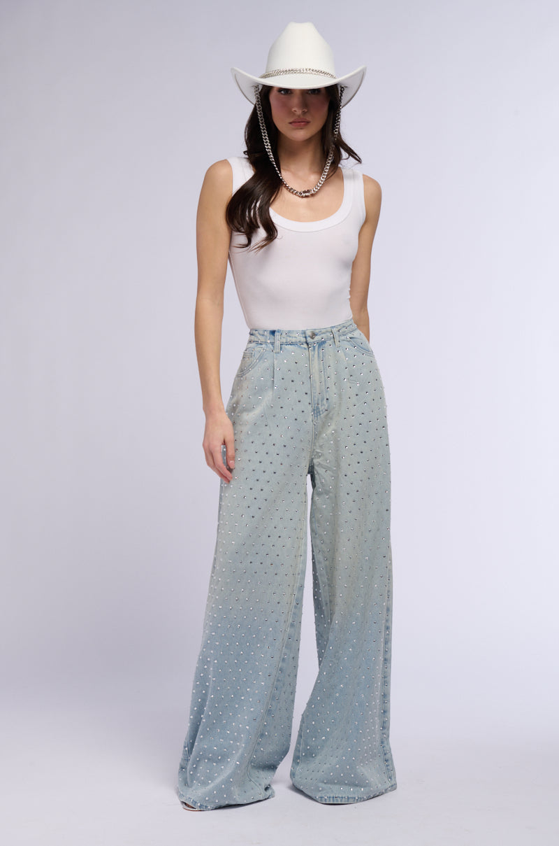 Cascading Rhinestone Pants DAZZLED RHINESTONE STUDDED EXTRA LONG DENIM PANTS – AKIRA
