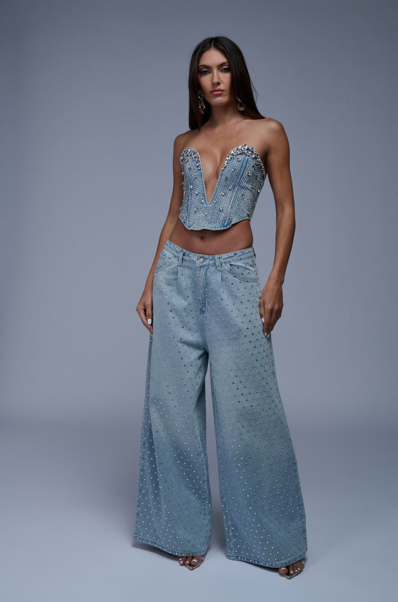 DAZZLED RHINESTONE STUDDED DENIM PANTS – AKIRA