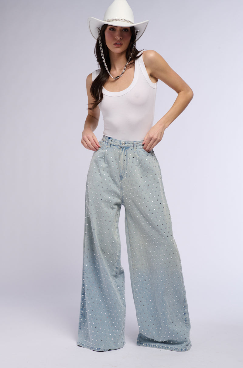 Cascading Rhinestone Pants DAZZLED RHINESTONE STUDDED EXTRA LONG DENIM PANTS – AKIRA
