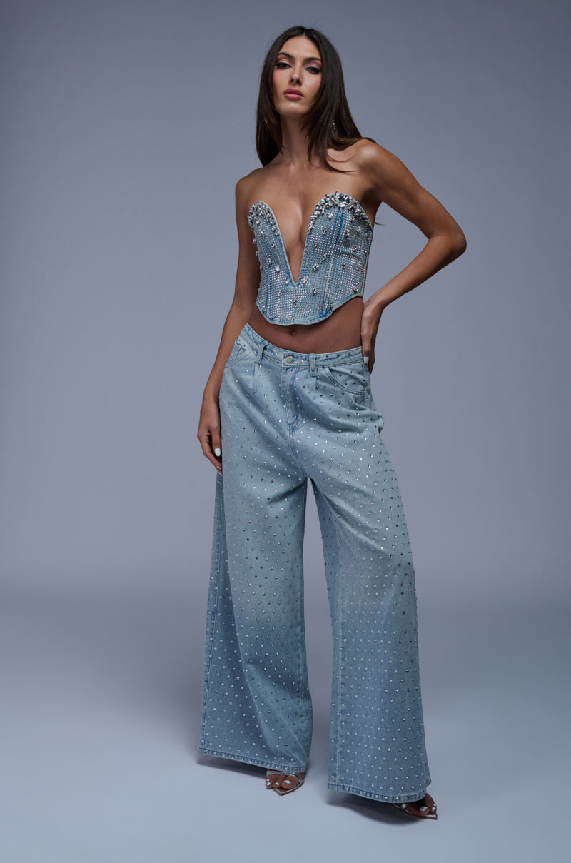 Cascading Rhinestone Pants DAZZLED RHINESTONE STUDDED DENIM PANTS – AKIRA