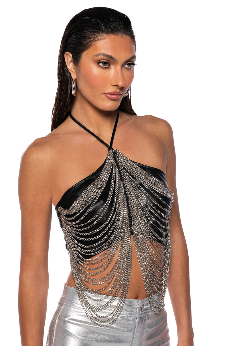 Side View Dazzling Chains Halter Crop Top