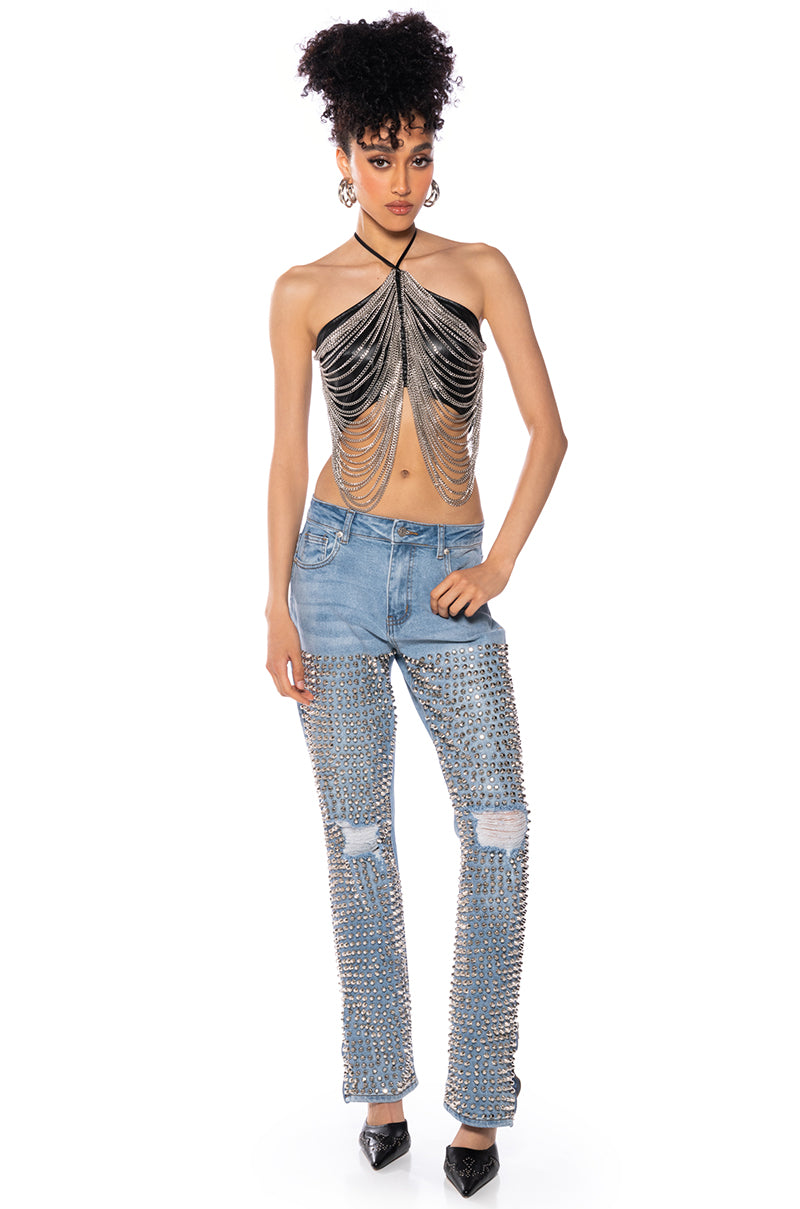 Back View Dazzling Chains Halter Crop Top