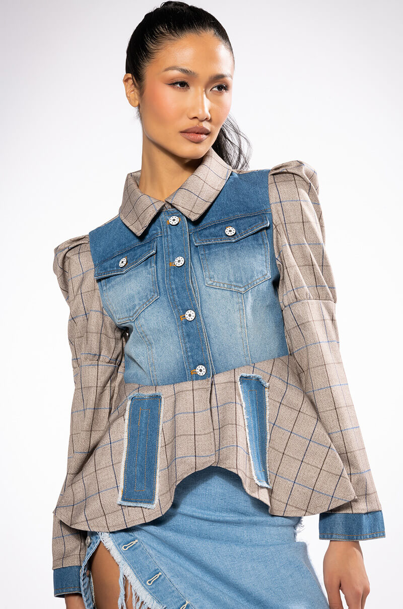 Front View Dc Mix Material Denim Plaid Blazer