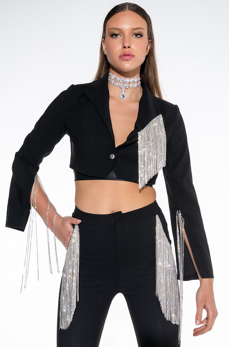 Front View Decked Out Rhinestone Fringe Crop Blazer
