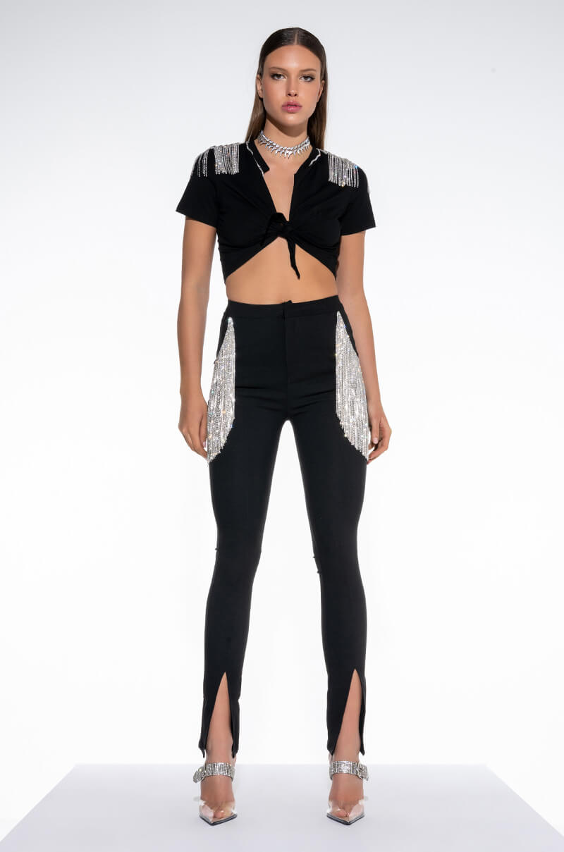 Side View Decked Out Rhinestone Fringe Pant