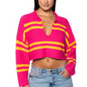 Front View Deep Feelings Striped Deep V Sweater In Pink