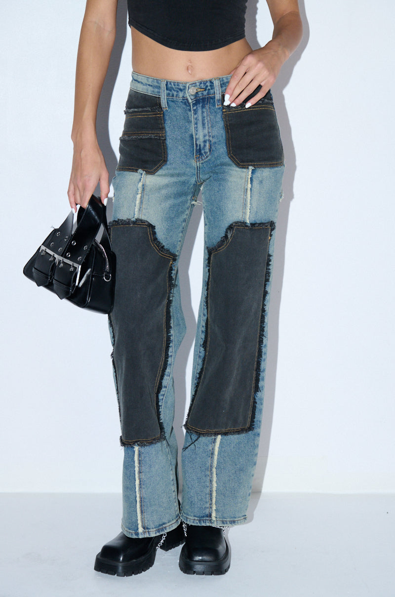 Front View Deep In The Bottom Distressed Denim Pant
