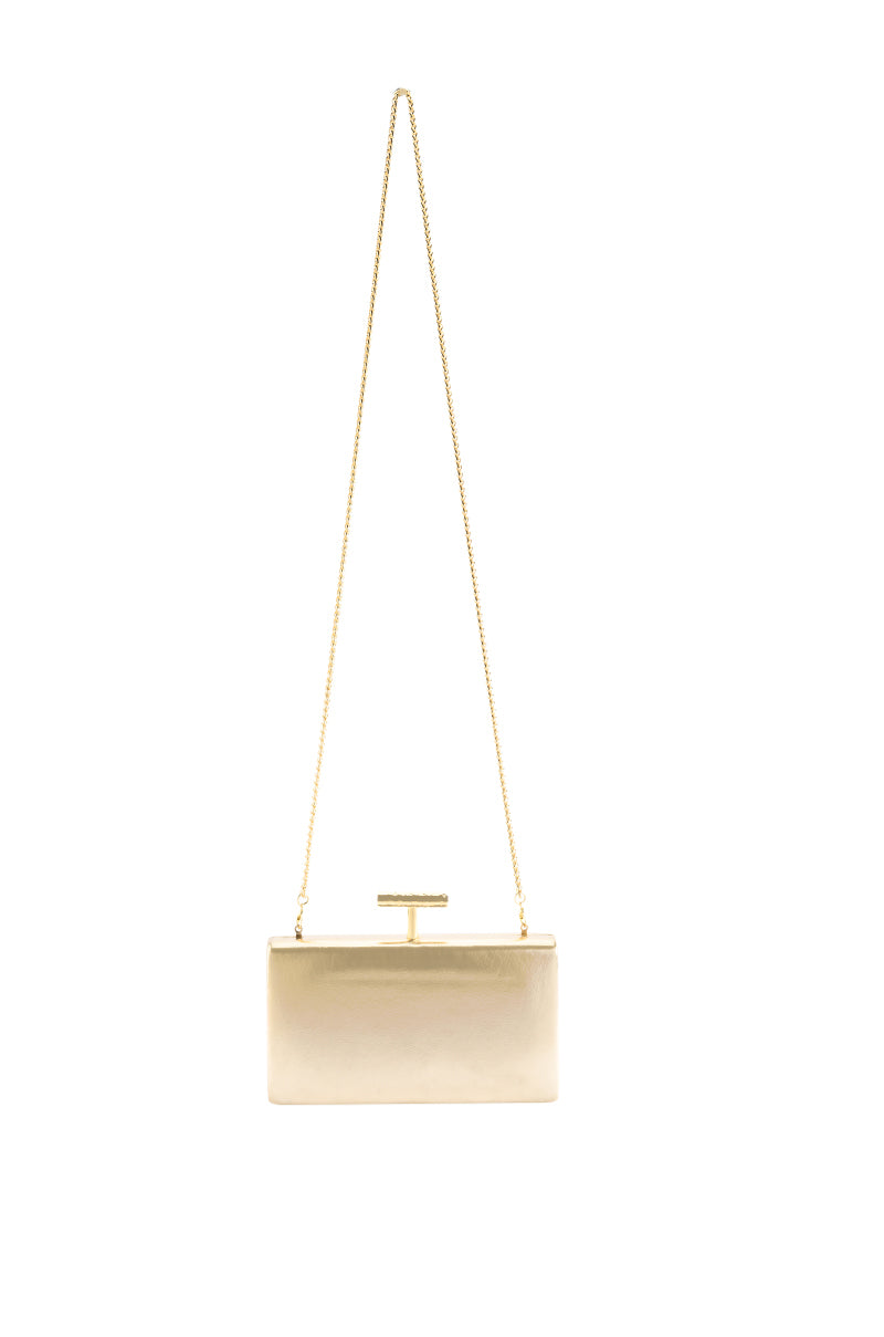 Back View Defy Gravity Metallic Clutch In Gold 1