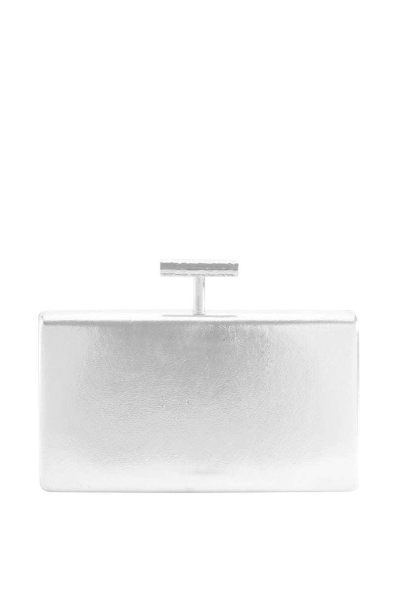 Side View Defy Gravity Metallic Clutch In Silver 5