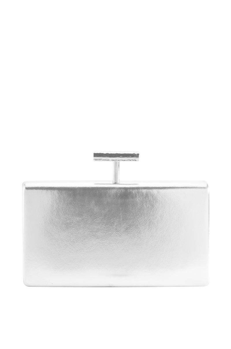 Side View Defy Gravity Metallic Clutch In Silver