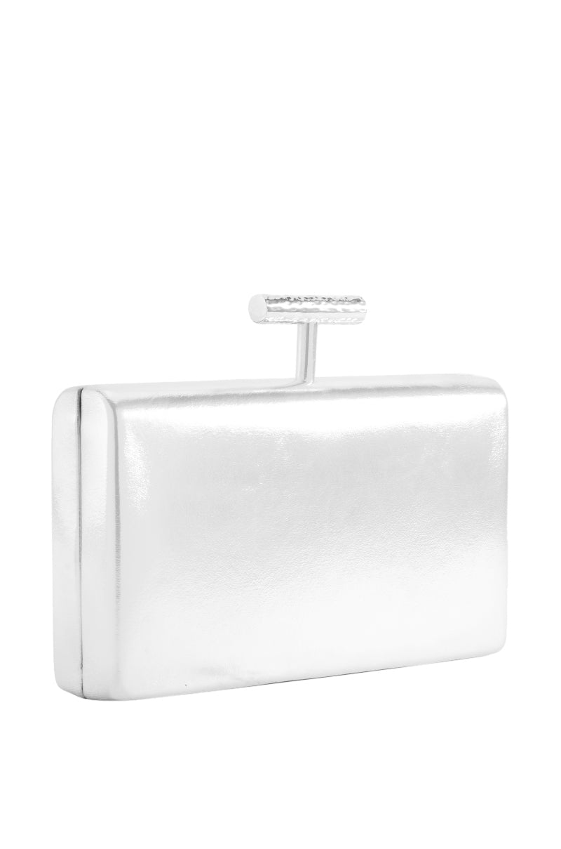 Back View Defy Gravity Metallic Clutch In Silver