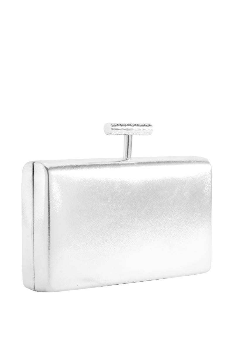 Back View Defy Gravity Metallic Clutch In Silver
