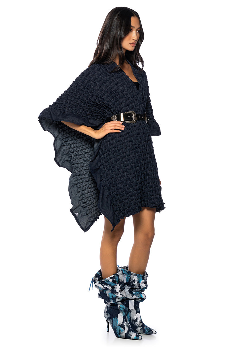 Side View Deja Vu Woven Effect Denim Poncho