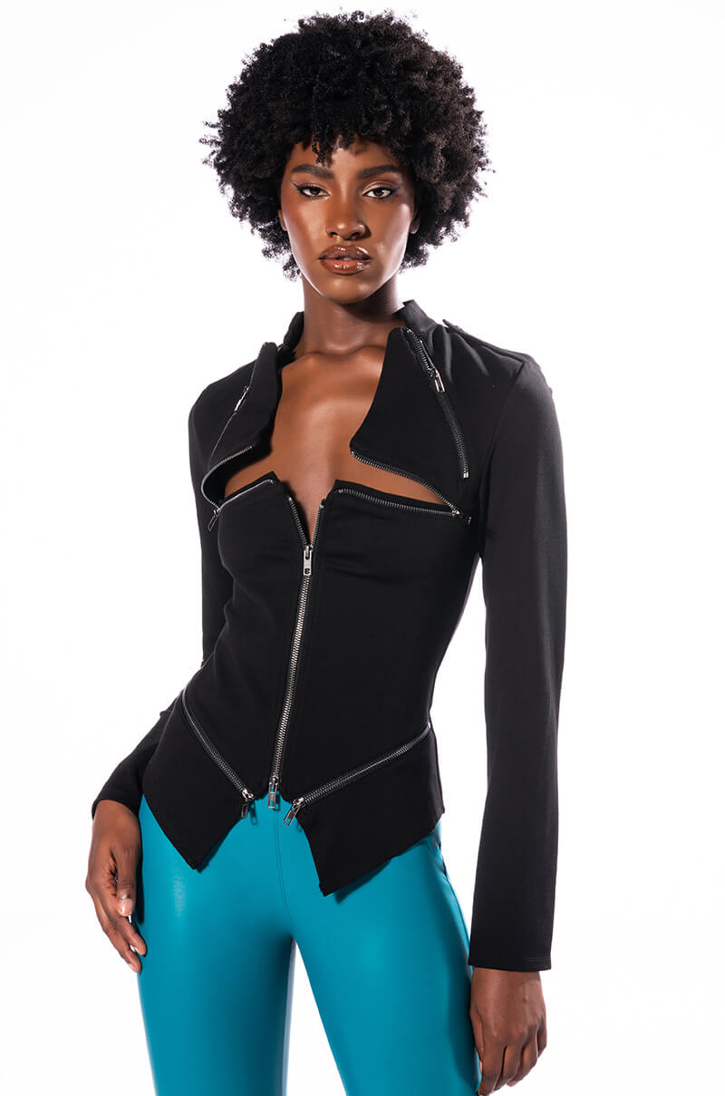 Front View Deja Vu Zipper Detail Long Sleeve Top