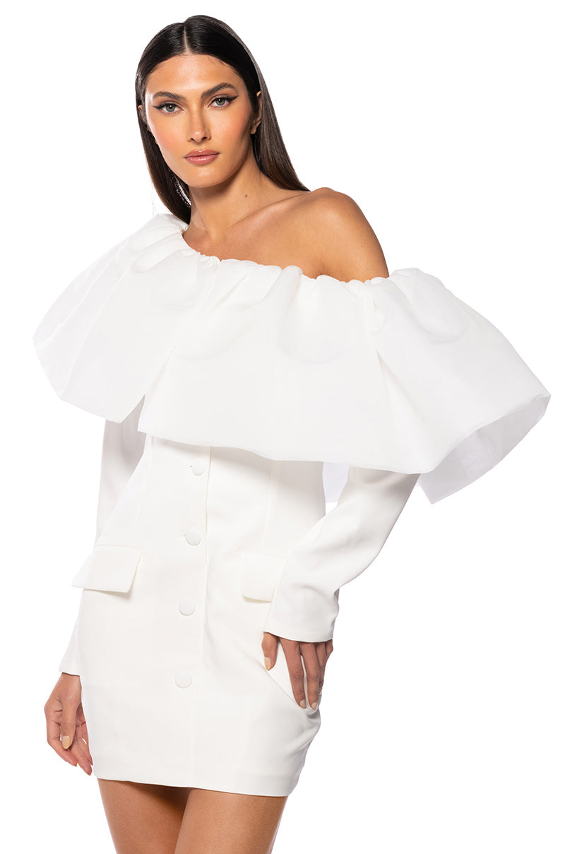 Front View Della Off Shoulder Ruffle Blazer Mini Dress