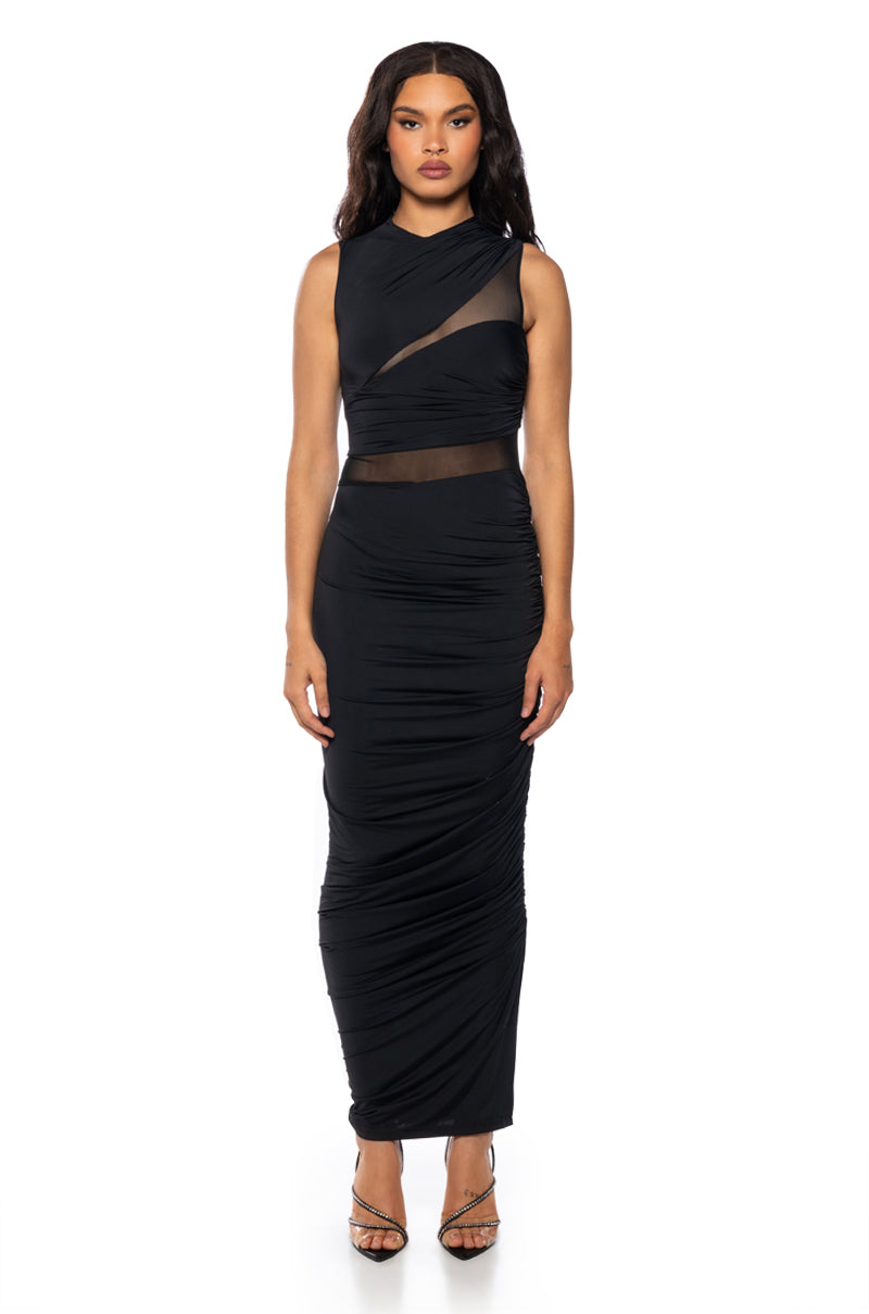 Back View Delulu Ruched Mesh Panel Maxi Dress