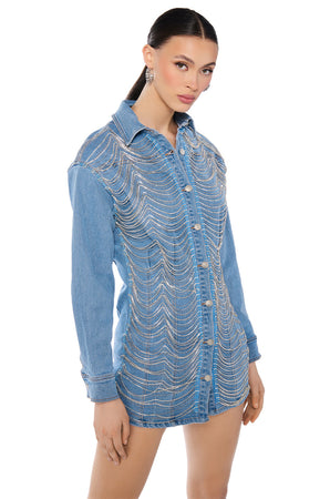 DENIM AND DIAMONDS BUTTON UP MINI DRESS – AKIRA