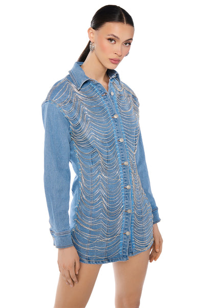 DENIM AND DIAMONDS BUTTON UP MINI DRESS – AKIRA