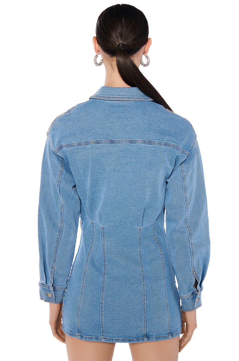 DENIM AND DIAMONDS BUTTON UP MINI DRESS AKIRA DENIM AND DIAMONDS BUTTON UP MINI DRESS AKIRA