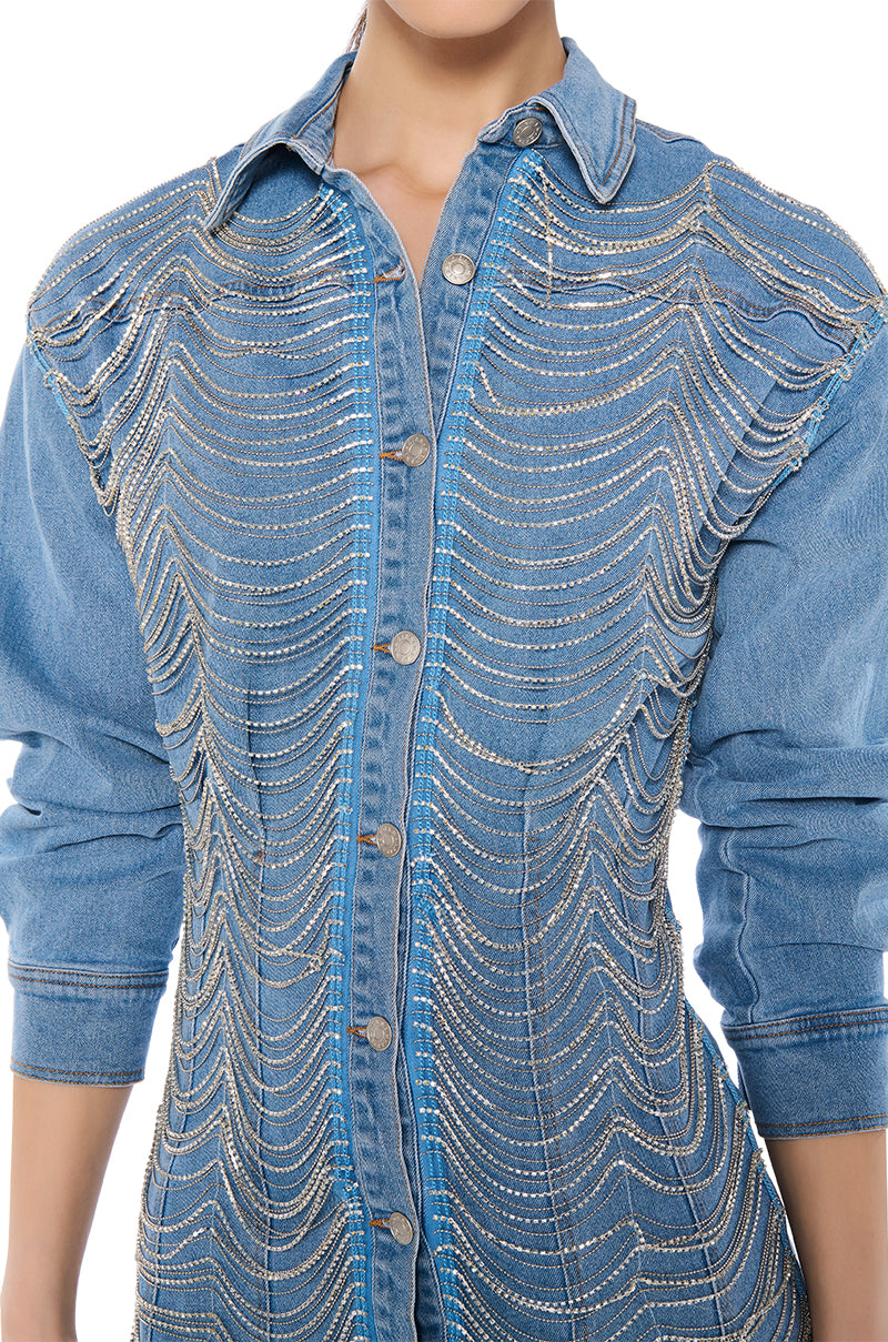 DENIM AND DIAMONDS BUTTON UP MINI DRESS AKIRA DENIM AND DIAMONDS BUTTON UP MINI DRESS AKIRA