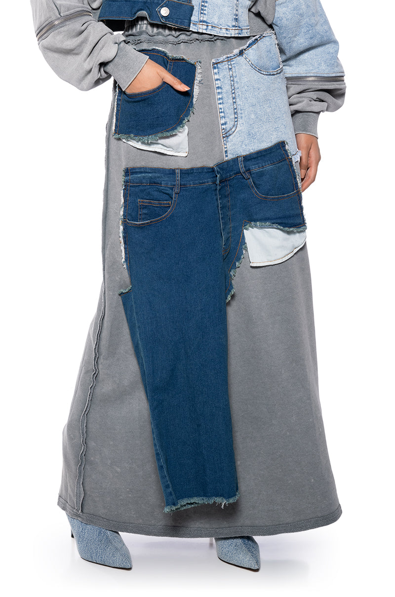 Front View Denim Dreams Zipper Detail Maxi Skirt